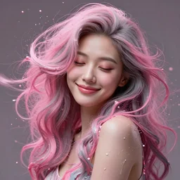 a portrait of a very beautiful young asian goddess, seductive smile, with pink and grey hair radiating swirling paint and impasto, sleepy eyes by wlop and edward robert hughes, background is volumetric displacement, hyperrealism, subsurface scattering, arnold render, 8 k, houdini, xparticles