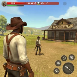screenshot of gameplay game set in 1 8 3 6 old west saloon featuring african american and japanese cowboys and cowgirls in ghost town, morning light with mountains in the background