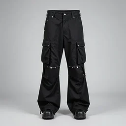 Hypermaximalist avant garde cargo pants, black with chrome accents, product photography, Rick Owens, Yohji Yamamoto, Y3,