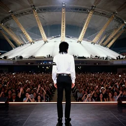 wide angle shot of of thin!!! michael jackson with thin!!! face!!!!!, short curly hair, back facing camera, crowd in shot, standing on stage live at the indoor o 2 arena wearing a sparkling white diamond outfit with large thin shoulder pads!!!!! doing a concert, multiple flashing lights and colorful spotlights, beautiful photography, cinematic, award - winning photo, highly detailed, this is it