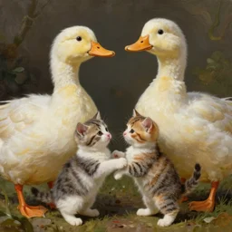 painted closeup of cute kittens fighting huge cute ducks, fantasy intricate elegant extremely detailed digital painting trending artstation concept art sharp focus illustration art by gustave courbet greg rutkowski craig mullins