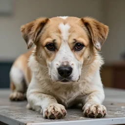 a castrated, dreaded close up of a dog on a table, messy, beautiful, high resolution