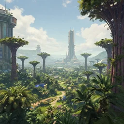 An absolutely beautiful view of a sci-fi world. There are tall structures seen in the distance, with lots of unique looking trees.
