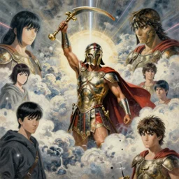 gladiator, clouds, lasers, painting by greg ruthowski, yoshikata amano, yoji shinkawa, alphonse murac, collaborative artwork, beautifully drawn, heavily detailed