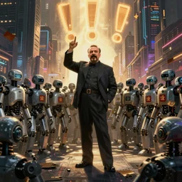 robot revolutionary speaking to a crowd of robots amid !!!!the backdrop of a cyberpunk city!!!! in the socialist realist style of lenin speaking to the red army by isaac brodsky