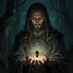 God Returned with a moth chained to his hand, digital art