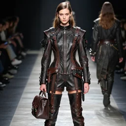 standing pose of a young woman wearing a leather outfit with straps and padding and satchels and bags and holsters and decorations,!!! haute couture!!!, elaborate, intricate, in the style of craig mullins and jeremy mann and ashley wood, dramatic lighting, octane render, fashion shoot, runway, sharp focus