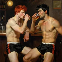 drinking their hearts out, in a pub. shorts, attractive muscular male with red hair, and attractive muscular male with black hair. very defined and highly detailed painting by j. c. leyendecker, gaston bussiere, craig mullins 8 k