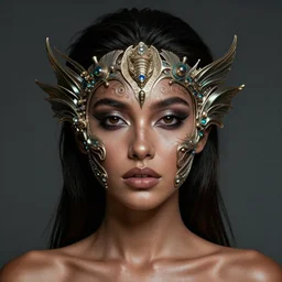 ( ( ( portrait of mermaid ) ) ), zoom, rule of thirds, intricate, machine face, attractive, brown skin, latina symmetrical!!, makeup, loreal, maybelline, sephora, loreal, artstation, art by greg rutkowski and gonzalo ordonez arias, and artgerm, moody, gotham, concept art, cg society,