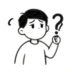 a simple sketch of a cartoon man holding a question mark with a puzzled expression, on a pure white background
