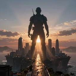 futuristic urban island city at dusk. the imposing silhouette of a shadowy space cop. cgartist. leading lines. volumetric lighting. god rays.
