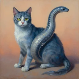 painting of hybrid, cat!!! and ( ( ( ( eel ) ) ) ) fused together, intercrossed animal, by zdzislaw beksinski, by lewis jones, by mattias adolfsson, cold hue's, warm tone gradient background, concept art, digital painting