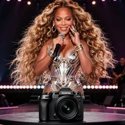 Beyonce giving a concert, Fujifilm X-T3, 1/1250s at f/2.8, ISO 160, 84mm, 8K, RAW, symmetrical balance, Dolby Vision, HDR, AI enhanced