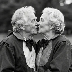 poignant portrait black and white photo of an old couple wearing kiss costumes, laughing at each other, nostalgia, love