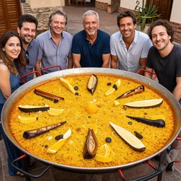a big paella valenciana, around the paella there are six smiling people, four mens and two women