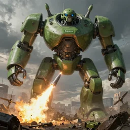supreme commander, army of giant green robots shoots missile on battlefield, render, ray tracing, jakub rozalski art style, dramatic, detailed, artstation,