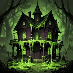 goosebumps cover art of a haunted house house spilling with green ooze. highly detailed illustration. strong shadows. pulp horror art