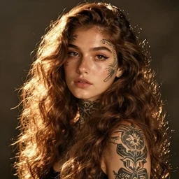 big girl, long hair, tattooed face, photo