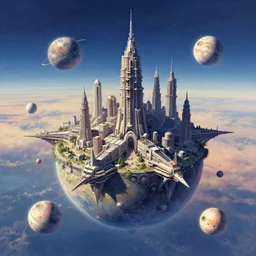 detailed concept art of a fantastic space city on a tiny planet with multiple little moons and maybe some cute satellites against a breathtaking sky, by syd mead, by noah bradley, fantasy art, octane, by simon stalenhag