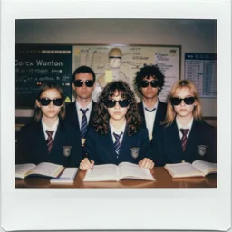 vaporwave, grainy portrait polaroid film photograph of a schoolbook where everyone is wearing sunglasses and super serious. one of them is a mannequin. super resolution. glitch art. extremely detailed. polaroid 6 0 0 film. by annie leibovitz and richard avedon
