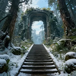 stairs leading to a derelict portal in a middle of a snowy lush futuristic forest, alien world seen through a portal, daylight, cinematic lighting, blue sky, syd mead, john harris