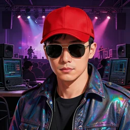 character art by ruan jia, james bond wearing wayfarer glasses and red baseball hat at a music concert, iridescent, subsurface scatter, room filled with computer equipment