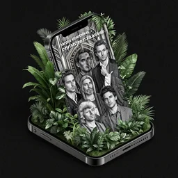 portrait an isometric iphone with lush foliage overgrowth, modern art deco, ( ( karolis strautniekas ) ), christopher balaskas, mads berg, detailed, dynamic composition, halftone shaded, dark tint, high contrast, editorial illustration, ( ( dither ) )