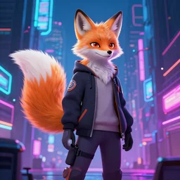 a transhuman fox fursona with a fluffy tail in a cyberpunk city, trending on artstation, by kawacy, neon backlighting, furry art