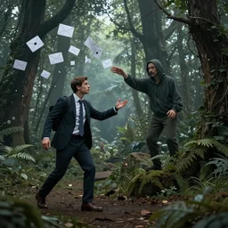 A marketing manager, lost in an enchanted forest, followed by an artificial intelligence which is throwing adds and emails at him, digital art in the style of James Gilleard, unreal 5, DAZ, hyperrealistic, octane render, dynamic lighting