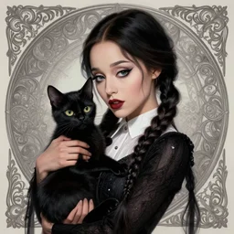 beautiful gothic Ariana Grande as Wednesday Addams holding a Black Cat, Black Hair, intricate, elegant, highly detailed, digital painting, artstation, concept art, smooth, sharp, focus, illustration, art by artgerm and greg rutkowski and alphonse mucha