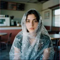 a color photograph, closeup portrait of a woman wrapped in plastic, sitting in an abandoned coffee shop, color photograph, by vincent desiderio, canon eos c 3 0 0, ƒ 1. 8, 3 5 mm, 8 k, medium - format print