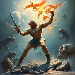 realistic painting, he - man, boris vallejo, atmospheric light, battle, hdr
