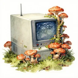 watercolor ibm 1 9 5 0 s machine overgrown with hen - of - the - woods fungus by richard corben, bernie wrightson, ian miller, fine art masterpiece baked at 3 0 0 f, matte painting, backlit dystopian lighting, photorealistic render, cinematic,