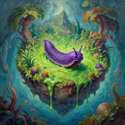 fantasy oil painting, center of the earth landscape, an island with an purple intelligent slug with eyes in the center of the frame, exotic vegetation, green slime oozing down, art by brothers hildebrandt, book cover illustration, sharp focus, extremely detailed