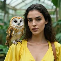 close up portrait of beautiful woman wearing a yellow costume in a tropical greenhouse with an owl on her shoulder, bokeh, cinematic colors