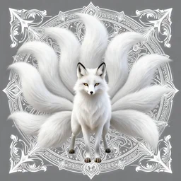a beautiful full - body white fox with nine tails, reiki, charming, alluring, scrollwork + white ink + magical + symmetrical + detailed intricate + heraldic design + epic + by peter mohrbacher and kentaro miura + high details, in the style of jean delville, artstation, 8 k, tarmo juhola, ivan laliashvili, james gurney, moebius, roger dean, wlop, victo ngai, 4 k, cinematic
