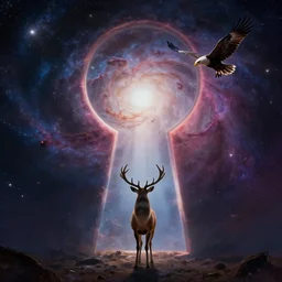 a wide shot of a deer peering into a giant portal into the universe in the shape of a keyhole to the nebulae and galaxies, an eagle flying, beautiful matte painting by weta workshop 4 k, cinematic dramatic atmosphere, dramatic lighting, trending on artstation