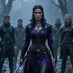 a realistic detail of a beautiful dark elf huntress, raining, mist by Julian calle, wlop, Beksiński, Dylan cole, Erak note, Denis Villeneuve, Ben Nicholas, Anton Fadeev, thomas kinkadegreg, rutkowski, Finnian MacManus, Syd mead, goth Trending on artstation, blue and purple scheme, 8k, Unreal Engine