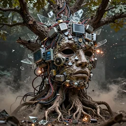 meaty complex futuristic and cables creature computer devices, explosion fragments face tree roots strangled, oak, glass debris pieces, dust particles, dramatic lighting, electronic wires, fire sparks, high resolution photo,