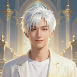 portrait of a man with modern hairs, soft smile, final fantasy, league of legends champion, strong iridescent light, by chengwei pan and sakimichan and greg rutkowski and alphonse mucha, gradient white to gold, in front of a magical building background, highly detailed portrait, digital painting, smooth, focus illustration