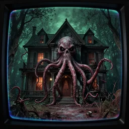 movie frame still from live action cursed house inhabited by a demon tentacle, 8 k, vhs glitch, old tv, ultra wide angle, zenith view, greg rutkowski, intrincate, highly detailed, ilm, oscar winning photography, grain, dramatic lighting, greg nicotero, horrifying movie, nightmare fuel, horror movie