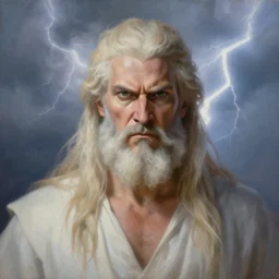 breathtaking soft painting of angry zeus in a lightning sky, realistic symmetrical face features, rembrandt style, elegant, highly detailed, artstation, concept art, matte, sharp focus, art by tom bagshaw, and greg rutkowski