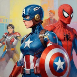 greg manchess portrait painting of a female ironman captain america and spiderman as overwatch character, medium shot, asymmetrical, profile picture, organic painting, sunny day, matte painting, bold shapes, hard edges, street art, trending on artstation, by huang guangjian, gil elvgren, ruan jia, greg rutkowski, gaston bussiere