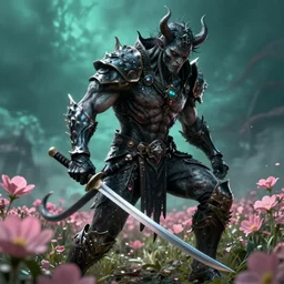 hyperrealistic neo - gothic muscular human demon hybrid, exoskeleton armor, holding katana, field of pink flowers, highly detailed digital art masterpiece, vitaly bulgarov dramatic dark teal light, ground angle hd 8 k, sharp focus