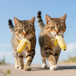 2 cats walking in the sky eating banana, ultra realistic 4k