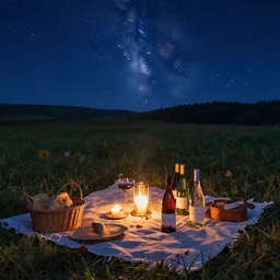 romantic picnic with wine bottles under the stars