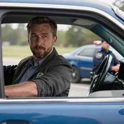 Ryan Gosling giving a lift to Walter White while being chased by police during the sunset