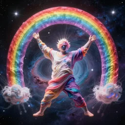 floating rainbows, fabric, forming a giant human body, nebula, in space, space tunnel
