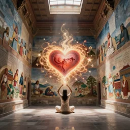 a dream temple environment where one draws mystical energy into their heart, the walls are covered in heartfelt murals from first - class artists, background art, pristine concept art, symmetrical, in the style of wlop and ross tran