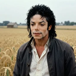 Michael Jackson as a farmer from the 1600s standing in the middle of a field, realistic, closeup
